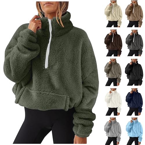 Meine bestellungen anzeigen Pullover Damen Teddy Fleece Langarmshirt Flauschig Fleecepullover Leichte Sweatshirt Bequeme Weiche Bluse Winter Oberteile Half Zip Tops Stehkragen Shirt Einfarbig von Generic