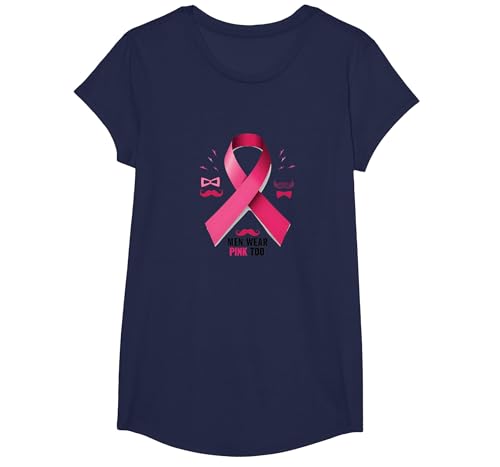 Men Wear Pink Too Brustkrebs-Bewusstseinsband T-Shirt, Girls, Marineblau, XS von Generic