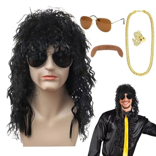 Men's 80s Mullet Wig, Long Mullet Wig, 80s Disco Wig, 5pcs Set Hippies Men Mullet Curly Long Wig Hair With Mustache Glasses Ring And Chain, Rocker Punk Popstar Wig For Halloween, Cosplay, Carnival von Generic