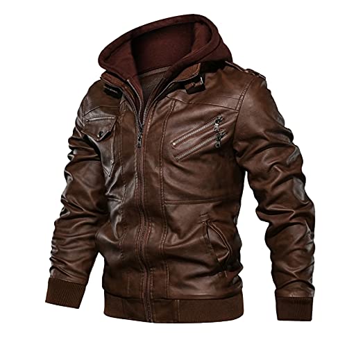 Men 's Winter Freizeit Dicke Kapuzenleder-Jacke Reißverschluss kurzer Vintage-Motorrad-Mantel warm Daily Herren Ultrasport Filz Herren von Generic