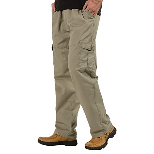 Mens Fashion Casual Loose Cotton Plus Size Pocket Lace Up Elastic Waist Pants Hose Bunte Hose Herren (Khaki, XL) von Generic