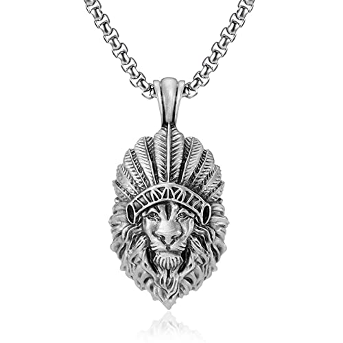 Mens Indian Crown Lion Head Anhänger Halskette, Viking Gothic Vintage Lion Indian Crown Halskette,Silber,60 von Generic