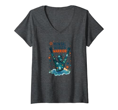 Mental Health Warrior, der Männer stärkt, inspirierende Kunst T-Shirt mit V-Ausschnitt, Damen, Anthrazit Meliert, XXL von Generic