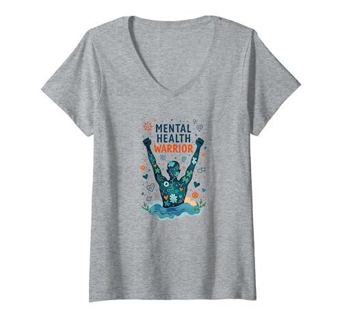 Mental Health Warrior, der Männer stärkt, inspirierende Kunst T-Shirt mit V-Ausschnitt, Damen, Grau Meliert, XL von Generic