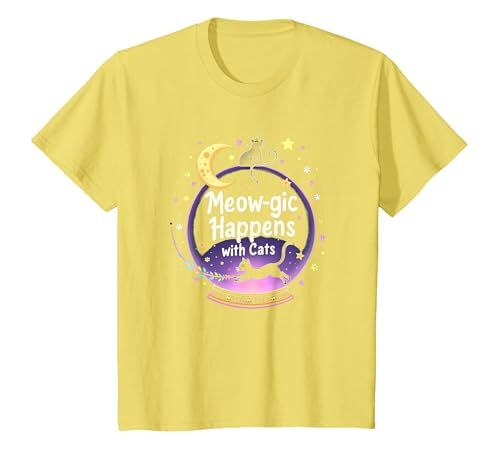 Meow-gic Happens with Cats Bezaubernde Kristallkugel T-Shirt, Kinder, Gelb, 116 von Generic