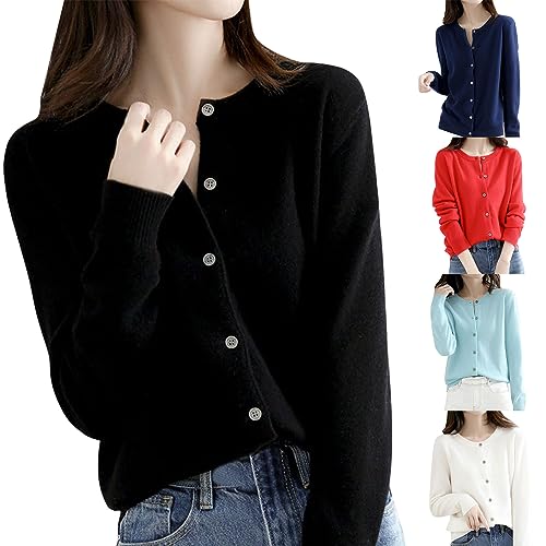 Merino Wolle Strickjacken Für Damen Dünner Rundhalsausschnitt Leichte Lang Elegant Sommerjacke Einfarbig Große Größen Strickcardigan Strickpullover Frühling Herbstjacke Dünne Pullover Damen von Generic