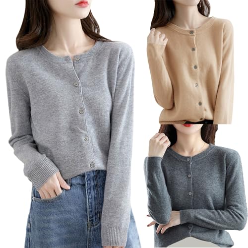 Merino Wolle Strickjacken Für Damen Dünner Rundhalsausschnitt Leichte Lang Elegant Sommerjacke Einfarbig Große Größen Strickcardigan Strickpullover Frühling Herbstjacke Merino Pullover Damen von Generic