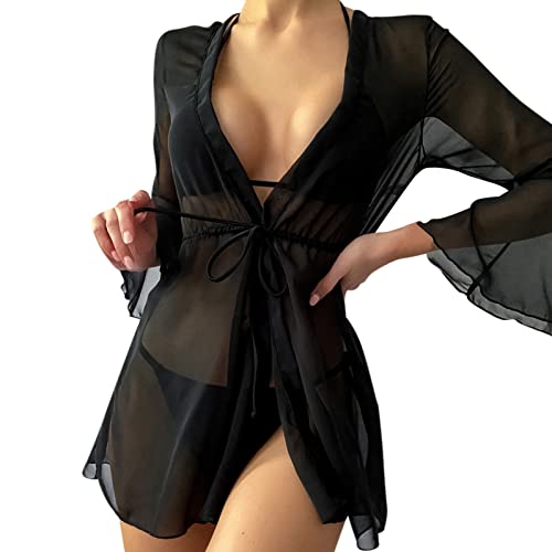 Mesh Kleid für Frauen Sexy Lang Durchsichtiges Kleidung Rundhalsausschnitt mit Langen Ärmeln Transparentes Minikleid Unterwäsche Blusenkleid Halbtransparentes Schwarz Strandrock (schwarz, XXL) von Generic