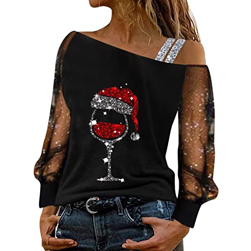 Mesh Langarm Weihnachts Bluse Damen Elegante Schulterfrei Glitzer Weihnachtspullover mit Weinglasmuster Christmas Tshirts Weihnachtsbluse Causal Langarmshirt Oberteil Shirts Teenager Mädchen von Generic