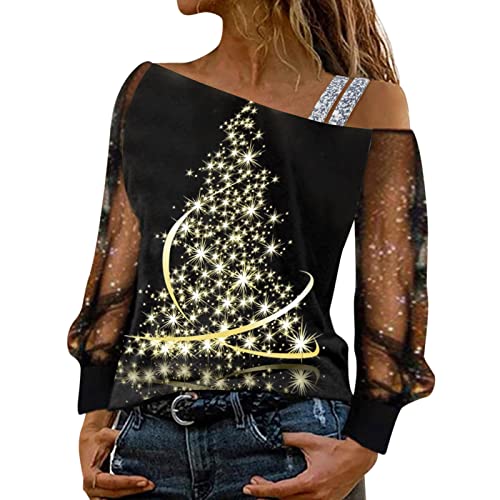 Mesh Langarm Weihnachts Bluse Damen Elegante Schulterfrei Glitzer Weihnachtspullover mit Weinglasmuster Christmas Tshirts Weihnachtsbluse Causal Langarmshirt Oberteil Sweatshirt Teenager Mädchen von Generic