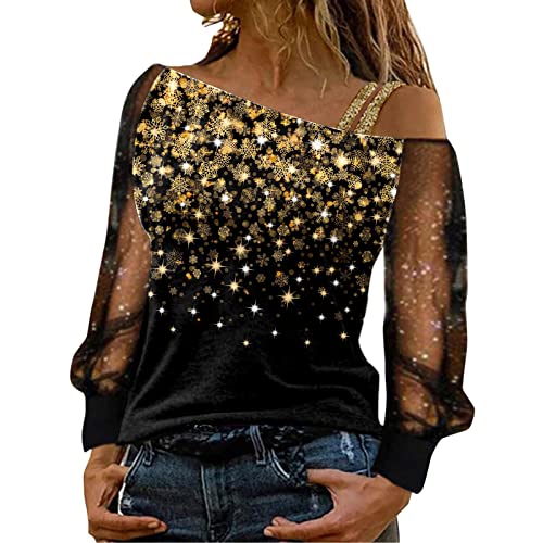 Mesh Langarm Weihnachts Bluse Damen Elegante Schulterfrei Glitzer Weihnachtspullover mit Weinglasmuster Christmas Tshirts Weihnachtsbluse Causal Langarmshirt Oberteil Sweatshirt Teenager Mädchen von Generic