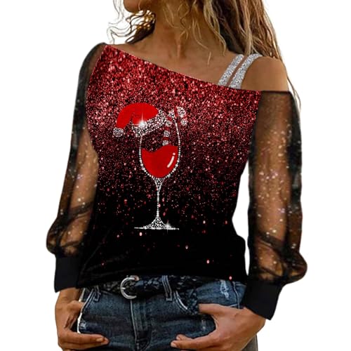 Mesh Langarm Weihnachts Bluse Damen Elegante Schulterfrei Glitzer Weihnachtspullover mit Weinglasmuster Christmas Tshirts Weihnachtsbluse Causal Langarmshirt Oberteil Sweatshirt Teenager Mädchen von Generic