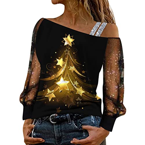Mesh Langarm Weihnachts Bluse Damen Elegante Schulterfrei Glitzer Weihnachtspullover mit Weinglasmuster Christmas Tshirts Weihnachtsbluse Causal Langarmshirt Oberteil Sweatshirt Teenager Mädchen von Generic