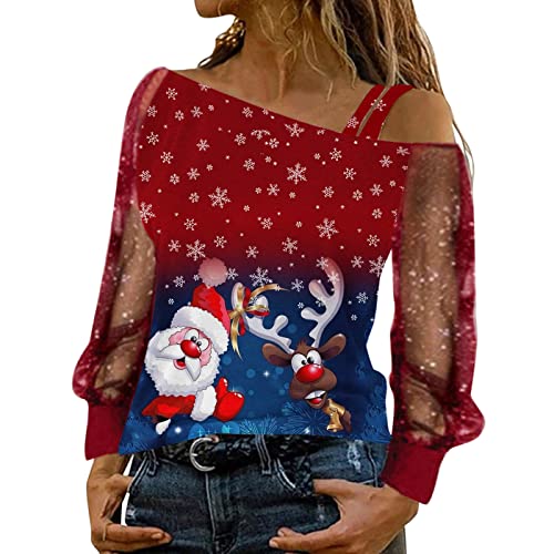 Mesh Langarm Weihnachts Bluse Damen Elegante Schulterfrei Glitzer Weihnachtspullover mit Weinglasmuster Christmas Tshirts Weihnachtsbluse Causal Langarmshirt Oberteil Sweatshirt Teenager Mädchen von Generic