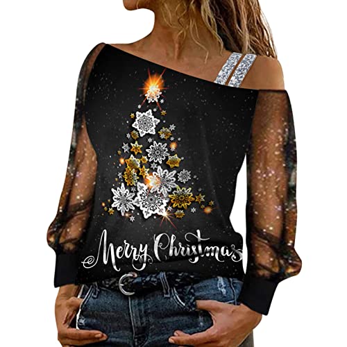 Mesh Langarm Weihnachts Bluse Damen Elegante Schulterfrei Glitzer Weihnachtspullover mit Weinglasmuster Christmas Tshirts Weihnachtsbluse Causal Langarmshirt Oberteil Sweatshirt Teenager Mädchen von Generic