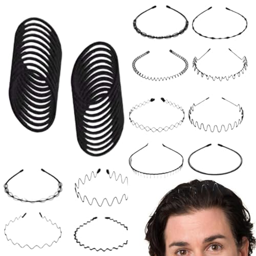 Metall Haarband für Herren, Haarband aus Metall | Unisex Wellenförmige Kopfbedeckung Set | Unisex Elastisch Haarreif Sporthaarband rutschfest mit 20 Haargummis f von Generic