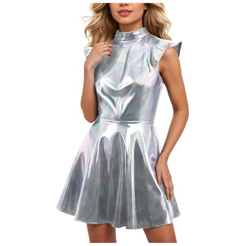 Metallic Glitzer Kleid Damen Ärmellos Metallic Glänzend Glitzerrock Minikleid Partykleid Karneval Strandkleid Strandponcho (Clear, M) von Generic