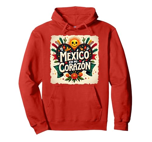 Mexico En Mi Corazon Viva Mexico Festliche Totenkopfsonne für Damen Pullover Hoodie, Unisex für Erwachsene, Rot, XXL von Generic