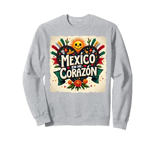 Mexico En Mi Corazon Viva Mexico Festliche Totenkopfsonne für Damen Sweatshirt, Unisex für Erwachsene, Grau Meliert, XL von Generic