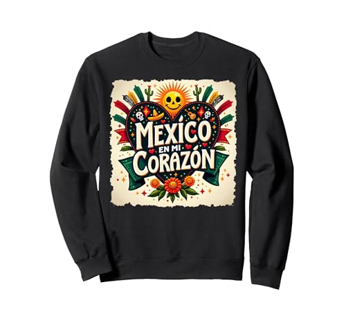 Mexico En Mi Corazon Viva Mexico Festliche Totenkopfsonne für Damen Sweatshirt, Unisex für Erwachsene, Schwarz, XL von Generic