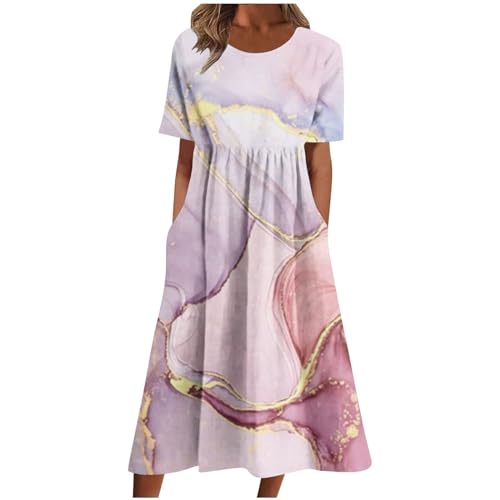 Midikleid Damen Blumenmuster Tie-dye Druck Spaghetti-Trägerkleid Strandkleider Damen Sommer Sommerkleid Damen Lang Leicht und Luftig Kurzarm Große Größe Elegant Böhmisch Freizeitkleid(A RoséGold,4XL) von Generic