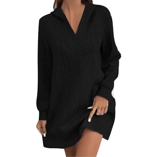 Midikleid Damen Kleid mit Kapuze Freizeitkleid Einfarbig Jacquard V-Ausschnitt Tunika Kleid Damen Sommer Frühling Taillenkleid Große Größe Sommerkleid Damen Leicht und Luftig Urlaubskleid(Schwarz,5XL) von Generic