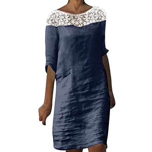 Midikleid Damen Leinenkleid Lose V-Ausschnitt Falten Leinen Maxikleid Schichten Boho Lässiges Lang Freizeitkleid Knielanges Freizeitkleider Einfarbig Shirtkleider Strandkleid Damen Große Größen von Generic