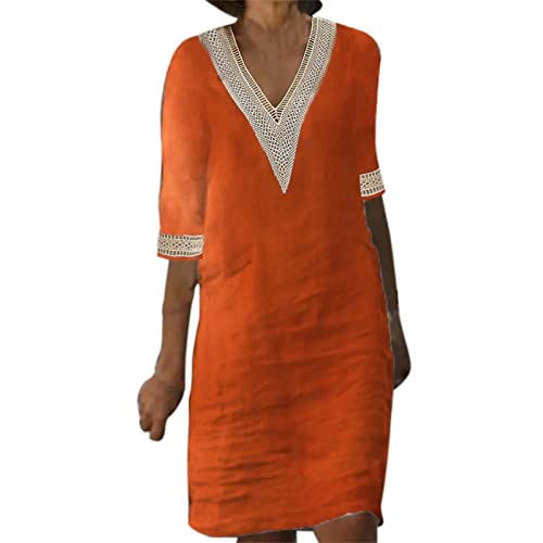 Midikleid Damen Leinenkleid Lose V-Ausschnitt Falten Leinen Maxikleid Schichten Boho Lässiges Lang Freizeitkleid Knielanges Freizeitkleider Einfarbig Shirtkleider Strandkleid Damen Große Größen von Generic