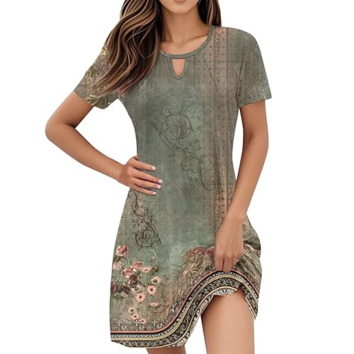 Midikleid Damen Sommer, Damen Kleid Sommer Kurzärm Boho Knielang Locker Strandkleider Elegant Legeres Atmungsaktiv Blumen Urlaubkleid B Army Green 3XL von Generic