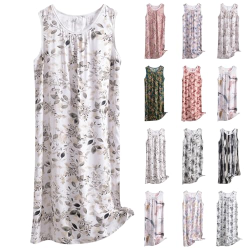 Midikleid Damen Sommer mit Taschen Ohne Ärmel Nachthemd Blumenmuster Schlafshirt Sommer Schlafhemd Frauen Nachtwäsche Breite Schultergurte Sleepshirt Ärmelloses Schlafkleid Große Größen von Generic