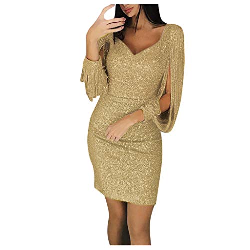 Mini Kleid Frauen Sexy, Partykleid Frauen Slim-Fit Glitzer, Tunikakleid Frauen Tiefer V-Ausschnitt Langarm, Wickelkleid Frauen Hohe Taille Kurz, Eleganter Abendkleider Bodycon Kleid Ballkleid von Generic