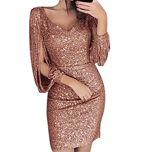 Mini Kleid Frauen Sexy, Partykleid Frauen Slim-Fit Glitzer, Tunikakleid Frauen Tiefer V-Ausschnitt Langarm, Wickelkleid Frauen Hohe Taille Kurz, Eleganter Abendkleider Bodycon Kleid Ballkleid von Generic