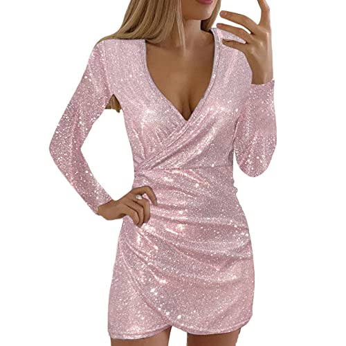 Mini Kleid Frauen Sexy, Partykleid Frauen Slim-Fit Glitzer, Tunikakleid Frauen Tiefer V-Ausschnitt Langarm, Wickelkleid Frauen Hohe Taille Kurz, Eleganter Abendkleider Bodycon Kleid Ballkleid von Generic