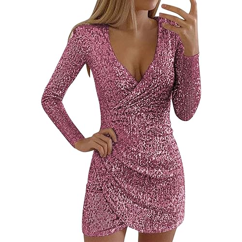 Mini Kleid Frauen Sexy, Partykleid Frauen Slim-Fit Glitzer, Tunikakleid Frauen Tiefer V-Ausschnitt Langarm, Wickelkleid Frauen Hohe Taille Kurz, Eleganter Abendkleider Bodycon Kleid Ballkleid von Generic