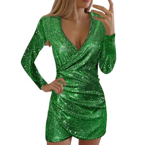 Mini Kleid Frauen Sexy Partykleid Frauen Slim-Fit Glitzer Tunikakleid Frauen Tiefer V-Ausschnitt Langarm Wickelkleid Frauen Hohe Taille Abendkleider Bodycon Kleid Ballkleid von Generic