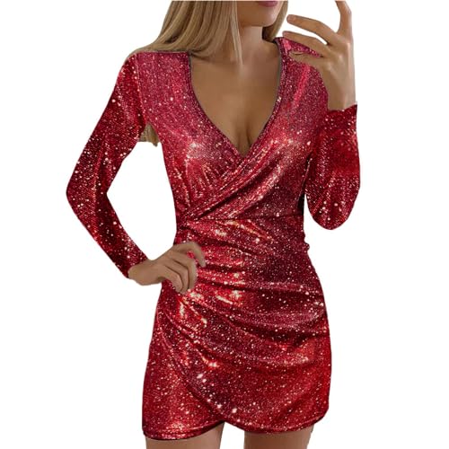 Mini Kleid Frauen Sexy Partykleid Frauen Slim-Fit Glitzer Tunikakleid Frauen Tiefer V-Ausschnitt Langarm Wickelkleid Frauen Hohe Taille Abendkleider Bodycon Kleid Ballkleid von Generic