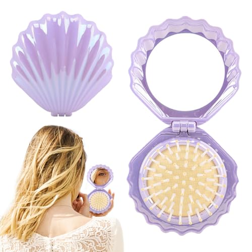 Mini faltbare Reise-Haarbürste mit Spiegel, Muschelförmiger Taschenkamm, Kompakter Haarmassage-Kamm, Tragbares Mini Make-up Spiegel Set, Geschenke for Mädchen von Generic
