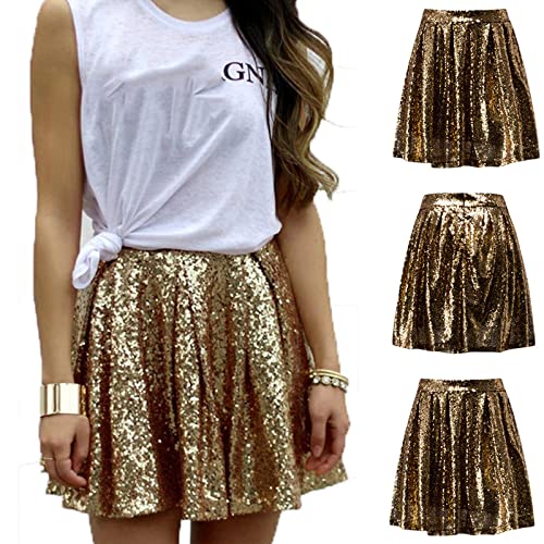 Minirock Damen Paillettenrock Faltenrock Gold Rock Damen Plisseerock Shiny Damen Metallischer Faltenrock Mini Skaterrock Stretch Skater Rocke Minirock Glitzer Kurz Rock Party Club Kostüm (Gold, M) von Generic