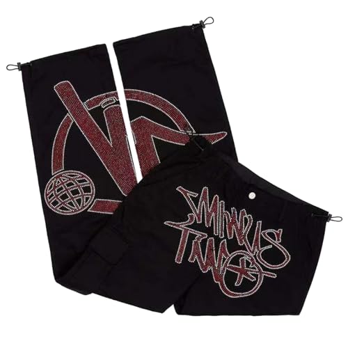 Minus Two Cargo Y2K Herren Strass | Vintage Cargo Jogginghose Y2k Jeans Baggy | Hip-Hop Cargo Hosen Männer | Harajuku Denim Schwarze Print Loose Men Rock Straight Hose Mit Weitem Bein von Generic