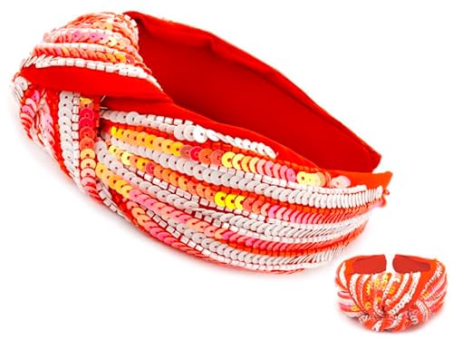 Miracle Collection Stirnband mit gekreuzten Knoten, Pailletten, Gameday, Schule, Farben, modisches Stirnband für Damen und Mädchen (Orange / Weiß) von Generic
