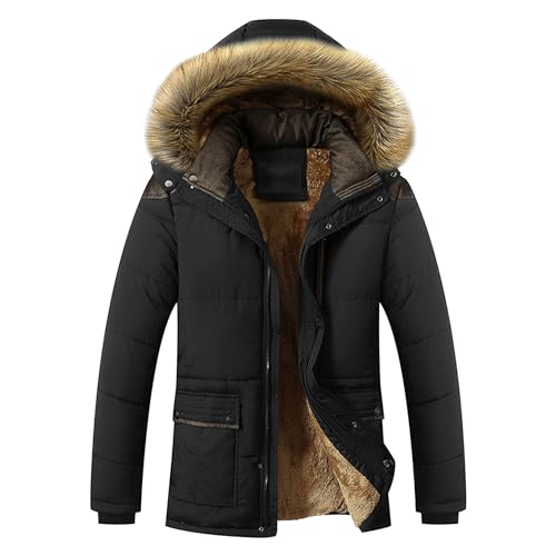 Mit Fleece gefütterte Herren-Parka-Jacken Wintermäntel Sherpa-Pufferjacke mit Fellkapuze Isolierter Schnee-Skimantel (Schwarz,5XL) von Generic