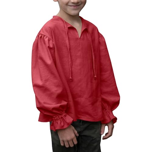 Mittelalter Hemd für Jungen Kinder Schnürhemd Halloween Mittelalter Kleidung Langarm Mittelalterliches Oberteile Ritterhemd Klassische Piraten Hemd T Shirts mit Schnürung (X-1-Red, 4-5 Years) von Generic