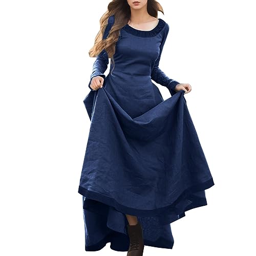 Mittelalter Kleid Damen Wikinger Kostüm langarm bodenlang Baumwolle Gewandung Damen Vintage Mittelalter Kleider Langarm A-Linie Stehkragen Cocktailkleid von Generic