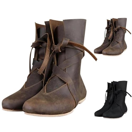 Mittelalter Schuhe Herren Damen,PU-Leder Retro Cowboystiefel für Cosplay Stiefel Weich Bequem Leder Freizeit Schuhe Flache Halbhohe Sommerstiefel Weich Bequem Schnürschuhe Leder Freizeitschuhe von Generic
