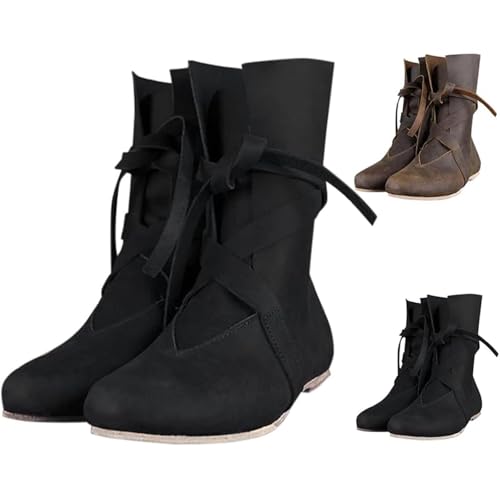 Mittelalter Schuhe Herren Damen,PU-Leder Retro Cowboystiefel für Cosplay Stiefel Weich Bequem Leder Freizeit Schuhe Flache Halbhohe Sommerstiefel Weich Bequem Schnürschuhe Leder Freizeitschuhe von Generic