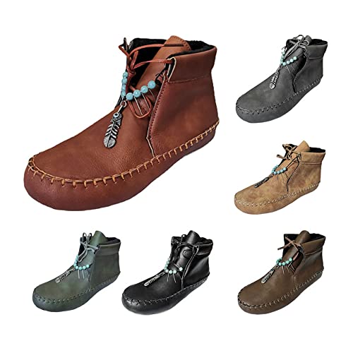 Mittelalterliche Schuhe für Damen, Wikinger-Retro-PU-Leder, kurze Stiefeletten, Schneestiefel, Cosplay-Schneestiefel mit flachem Boden und Anhänger von Generic