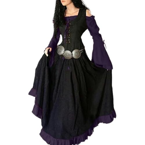 Mittelalterliches langärmliges Schulterfreies Maxikleid für Damen im Vintage-Gothic-Stil mit Korsett-Taille, ausgestelltem Ärmelkleid, Mondgürtel, Lila, XL von Generic