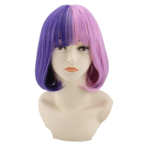 Mode Doppel Patchwork Lila Frau Party Perücke Cosplay Perücke Kopf Set von Generic