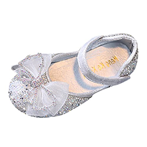 Mode Frühjahr und Sommer Mädchen Sandalen Kleid Tanz Leistung Prinzessin Schuhe Pailletten Strass Mesh Schleife Hakenschlaufe Einfarbig Bequem Dinosaurier-Schuhe (Silver, 8-9 Years Little Child) von Generic