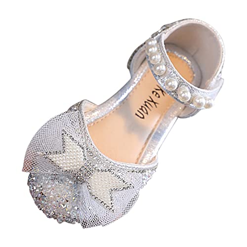 Mode Frühjahr und Sommer Mädchen Sandalen Partykleid Tanzshow Prinzessin Schuhe Mesh Bowknot Pearl Hook Loop Badeschuhe für Kleinkinder (Silver, 11-11.5 Years Big Kids) von Generic